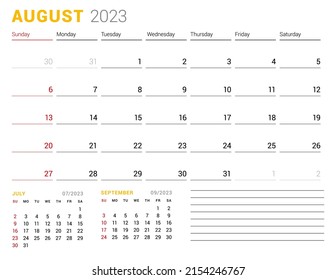 Calendar template for August 2023. Business monthly planner. Stationery design. Week starts on Sunday. Vector illustration