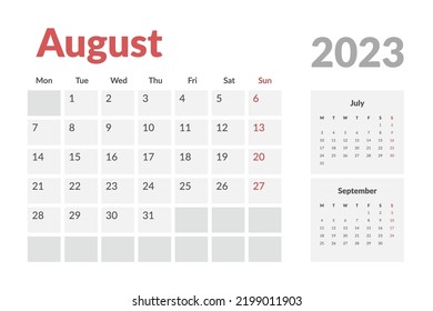Calendar Template of august 2023. Vector layout simple calendar with week start monday.