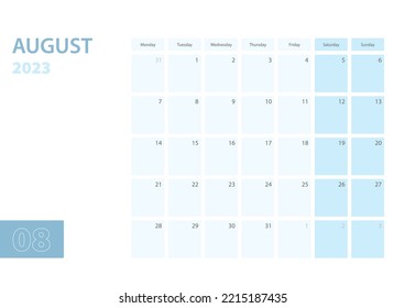 Calendar template for the August 2023, the week starts on Monday. The calendar is in a blue color scheme. Vector illustration.
