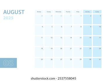 Plantilla del calendario para agosto de 2025, la semana comienza el lunes. El calendario está en un esquema de color azul. Ilustración vectorial.