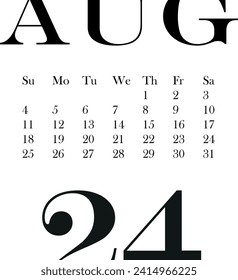 calendar template for August month 2024 without background, for use in notebooks or for printing, vector