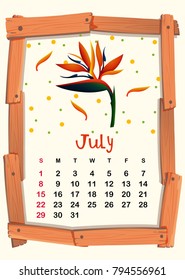 Calendar template with birdofparadise for July illustration