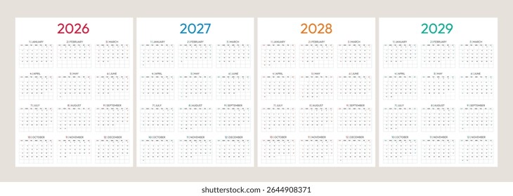 Calendar template clipart set. Collection of year 2026, 2027, 2028 and 2029 12 months annual, weekly and monthly layout business day schedule clip art vector illustration.
