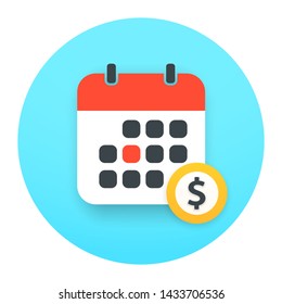 Calendar template and coin money icon in blue gradient round. Symbol calendar with shadow. Vector illustration. EPS 10