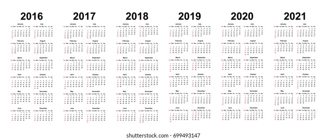 Calendar Template Collection for 2017 and 2018 with Week Starts Sunday. Vector Illustration