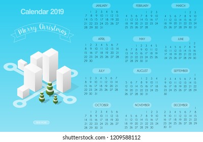 Calendar template with days and months of the current new year with an isometric city and houses and streets