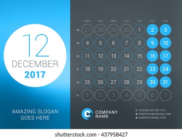 Calendar Template for December 2017. Vector Design Print Template with Place for Photo, Company Logo, Slogan and Contact Information. Dark Background. Week Starts Monday