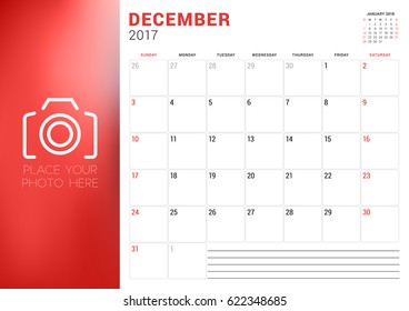 Calendar Template for December 2017. Week Starts Sunday. Place for Photo. Stationery Design. Vector Illustration