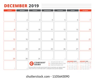 Calendar Template for December 2019. Business Planner Template. Stationery Design. Week starts on Sunday. Landscape orientation. Vector Illustration