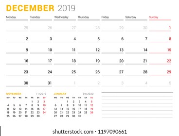 Calendar template for December 2019. Business planner. Stationery design. Week starts on Monday. 2 Months on the page. Vector illustration