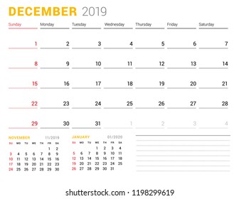 Calendar template for December 2019. Business planner. Stationery design. Week starts on Sunday. 2 Months on the page. Vector illustration