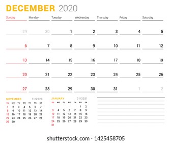 Calendar template for December 2020. Business planner. Stationery design. Week starts on Sunday. Vector illustration