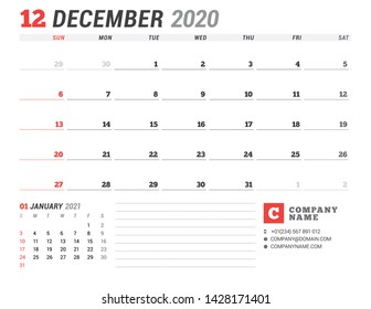 Calendar template for December 2020. Business planner. Stationery design. Week starts on Sunday