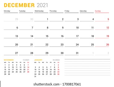Calendar template for December 2021. Business monthly planner. Stationery design. Week starts on Monday. Vector illustration