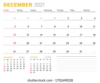 Calendar template for December 2021. Business monthly planner. Stationery design. Week starts on Sunday. Vector illustration