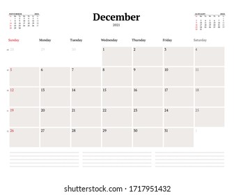 Calendar template for December 2021. Business monthly planner. Stationery design. Week starts on Sunday. Vector illustration
