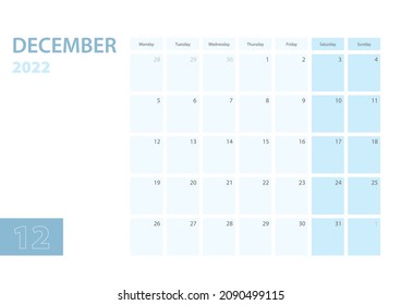 Calendar template for the December 2022, the week starts on Monday. The calendar is in a blue color scheme. Vector illustration.