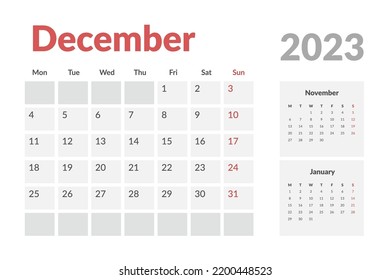 Calendar Template of december 2023. Vector layout simple calendar with week start monday.