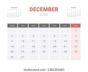 Calendar Template of december 2024. Vector layout simple calendar with week start Monday.