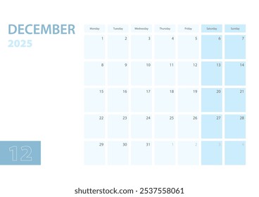 Plantilla del calendario para diciembre de 2025, la semana comienza el lunes. El calendario está en un esquema de color azul. Ilustración vectorial.