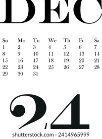 calendar template for December month 2024 without background, for use in notebooks or for printing, vector