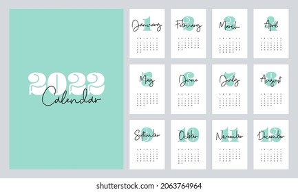 Calendar template design for 2022, printable monthly planner minimal flat design style, week starts on Sunday, vector illustration