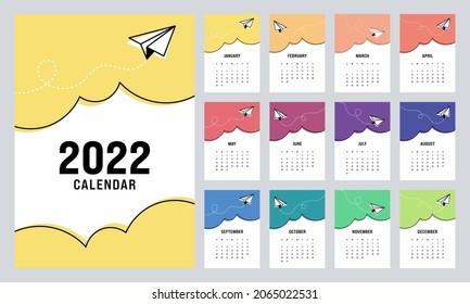 Diseño de plantilla de calendario para 2022, planificador mensual imprimible con estilo de diseño plano de plano de plano de papel de esquema, semana comienza el domingo, ilustración vectorial