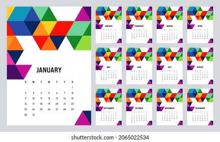 Diseño de plantilla de calendario para 2022, planificador mensual imprimible con forma isométrica colorida, semana comienza el domingo, ilustración vectorial