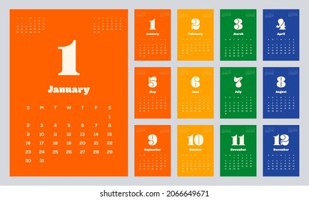 Calendar template design for 2022, printable monthly planner vintage retro style, week starts on Sunday, vector illustration