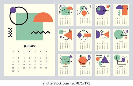 Diseño de plantilla de calendario para 2022, diseño de planificación mensual imprimible con fondo de forma geométrica, semana comienza el domingo, ilustración vectorial