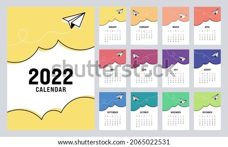 Calendar template design for 2022, printable monthly planner with outline paper plane flat design style, week starts on Sunday, vector illustration