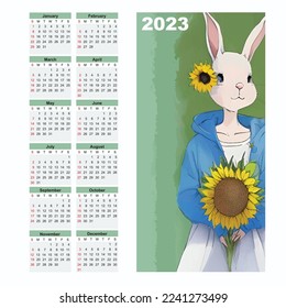 Calendar template design 2023, year of rabbit, symbol of 2023, vector bunny illustration, calendar design, 12 month calendar 2023