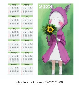 Diseño de plantilla de calendario 2023, año de conejo, símbolo de 2023, ilustración de conejo vectorial, diseño de calendario, calendario 12 meses calendario 2023