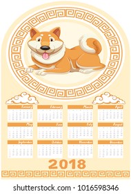 Calendar template with dog year 2018 illustration