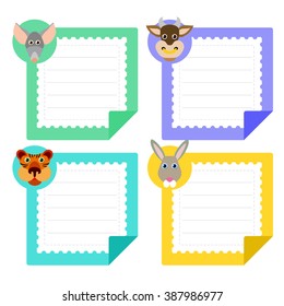 Calendar template eastern horoscope and note papers collection. Chinese zodiac animal icons on a notepad sheet. Tiger, rat, rabbit, bull. Vector illustration.  