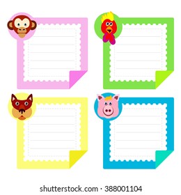 Calendar template eastern horoscope and note papers collection. Chinese zodiac animal icons on a notepad sheet. Pig, rooster, monkey, dog. Vector illustration. 