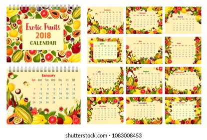 Calendar template with exotic fruit frame. Tropical berry monthly calendar of 2018 year with papaya, orange and grapefruit, feijoa, fig and durian, lychee, passion and dragon fruit, carambole, guava