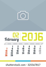 Calendar template of February 2016 , vector illustration