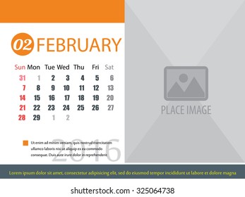 Calendar template of February 2016,vector illustration