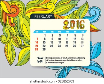 Calendar template of February 2016,vector illustration
