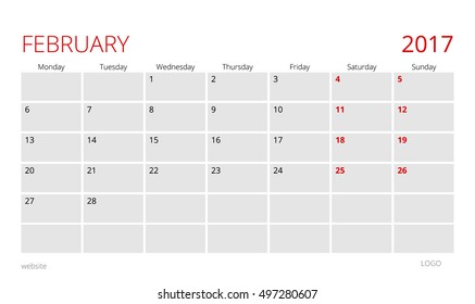 Calendar template of February 2017