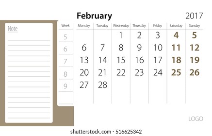 Calendar template of February 2017