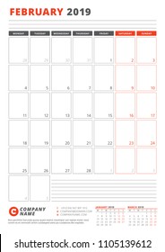 Calendar Template for February 2019. Business Planner Template. Stationery Design. Week starts on Monday. Portrait orientation. Vector Illustration