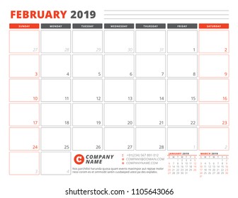 Calendar Template for February 2019. Business Planner Template. Stationery Design. Week starts on Sunday. Landscape orientation. Vector Illustration