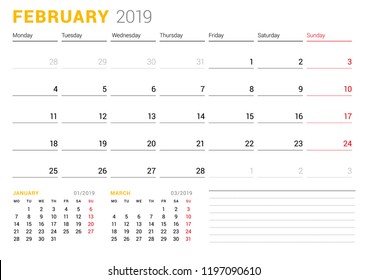 Calendar template for February 2019. Business planner. Stationery design. Week starts on Monday. 2 Months on the page. Vector illustration