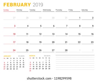 Calendar template for February 2019. Business planner. Stationery design. Week starts on Sunday. 2 Months on the page. Vector illustration