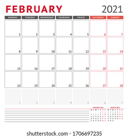 Calendar template for February 2021. Business monthly planner. Stationery design. Week starts on Monday. Vector illustration