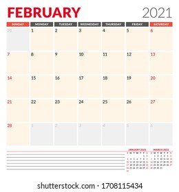 Calendar template for February 2021. Business monthly planner. Stationery design. Week starts on Sunday. Vector illustration