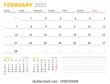 Calendar template for February 2022. Business monthly planner. Stationery design. Week starts on Monday. Vector illustration