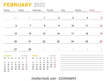 Calendar template for February 2023. Business monthly planner. Stationery design. Week starts on Monday. Vector illustration